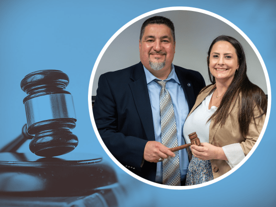 This is an image of outgoing board president Richard Cantu and incoming board president Andrea Duhon